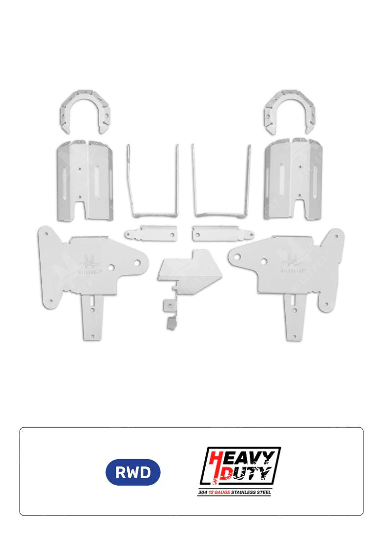 Set of white metal brackets and components on a white background with 'RWD' and 'Heavy Duty' branding.