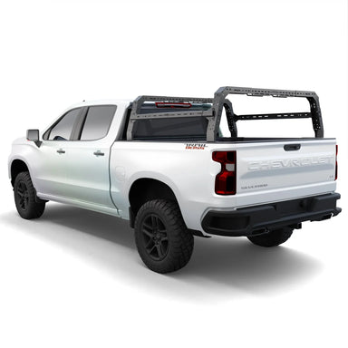 White Chevrolet truck with a bed rack on a white background