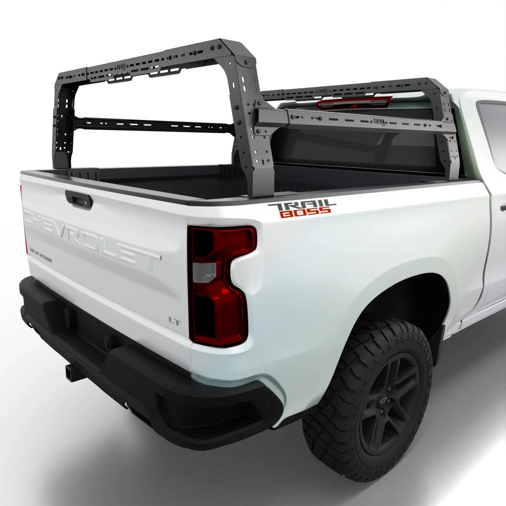 White truck with a TUWA Pro bed rack on a white background