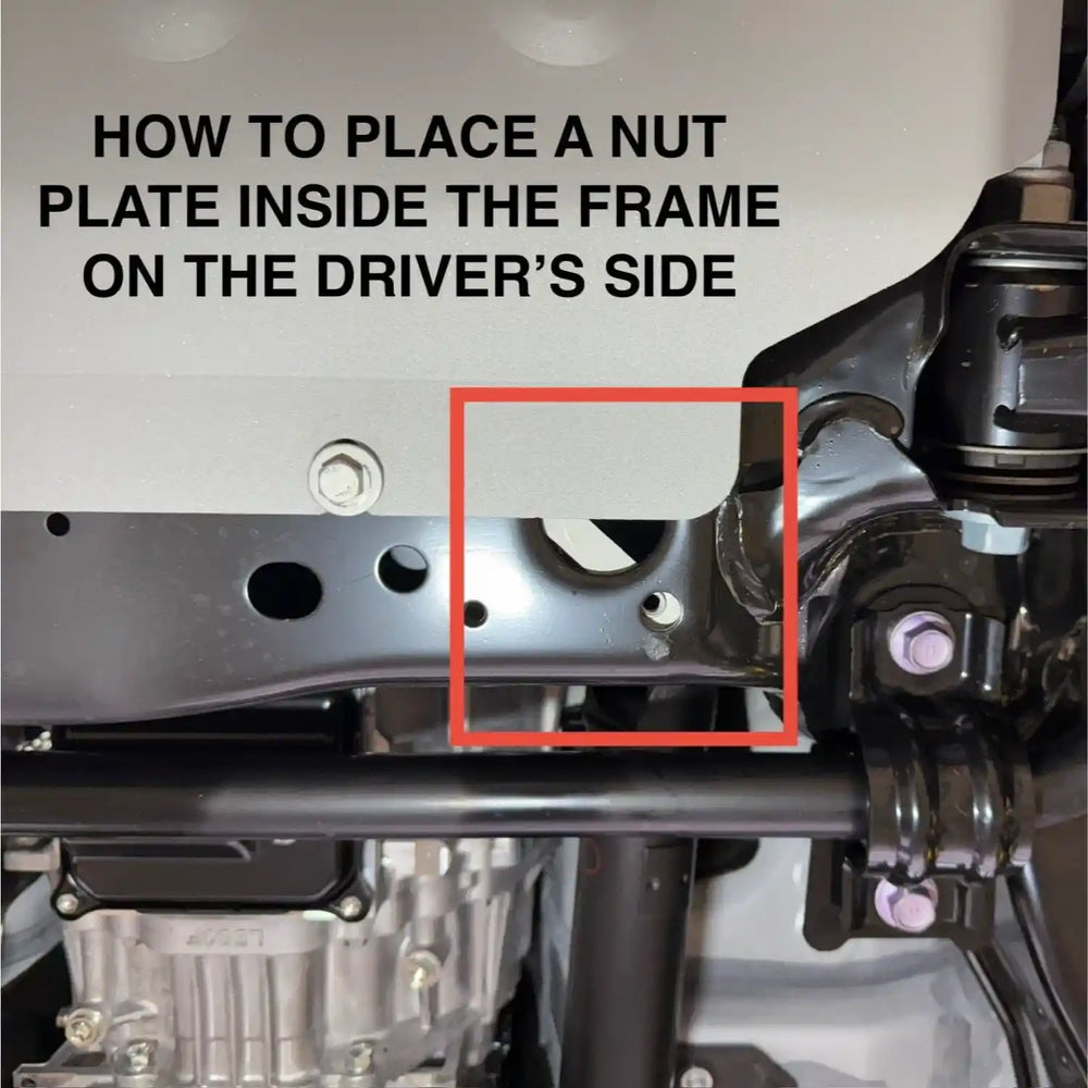 Instructions on how to place a nut plate inside the frame on the driver's side of a vehicle.