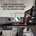 Instructions on how to place a nut plate inside the frame on the driver's side of a vehicle.