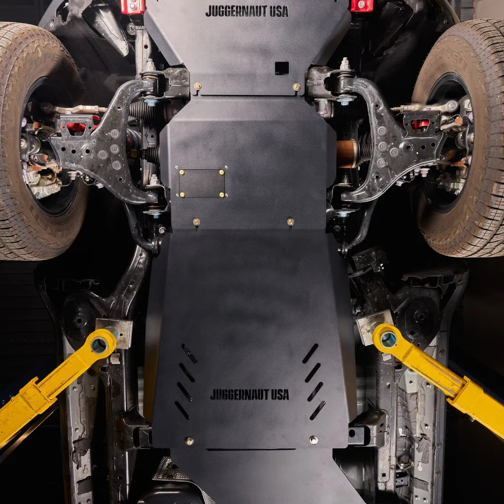 Juggernaut 4Runner full skid plate package — panoramic product view of the engine, transmission and transfer case skid plates