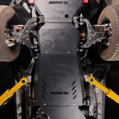 Juggernaut 4Runner full skid plate package — panoramic product view of the engine, transmission and transfer case skid plates