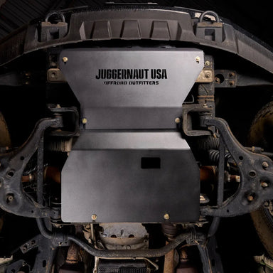 Juggernaut engine skid plate installed underneath a Ford Expedition, front view