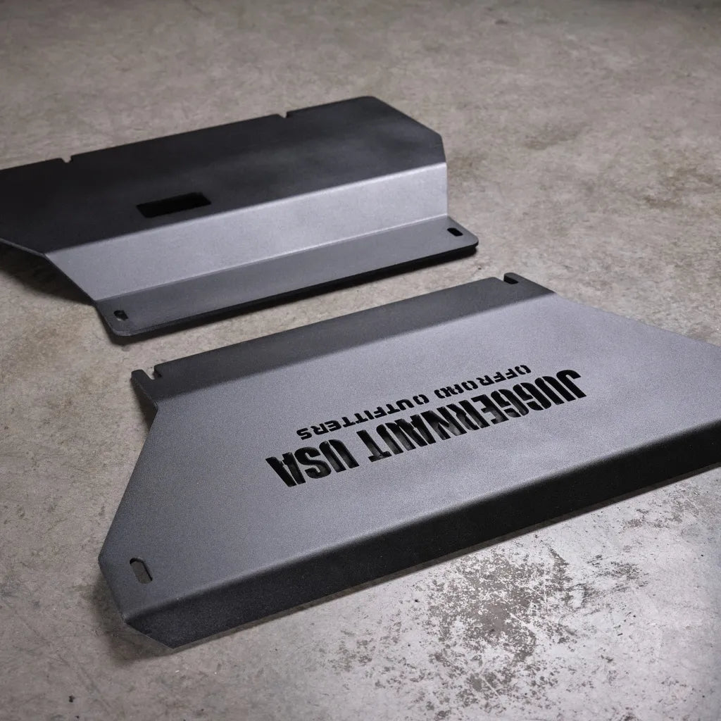 Juggernaut Ford Expedition engine skid plate, second product angle showing mounting hardware points