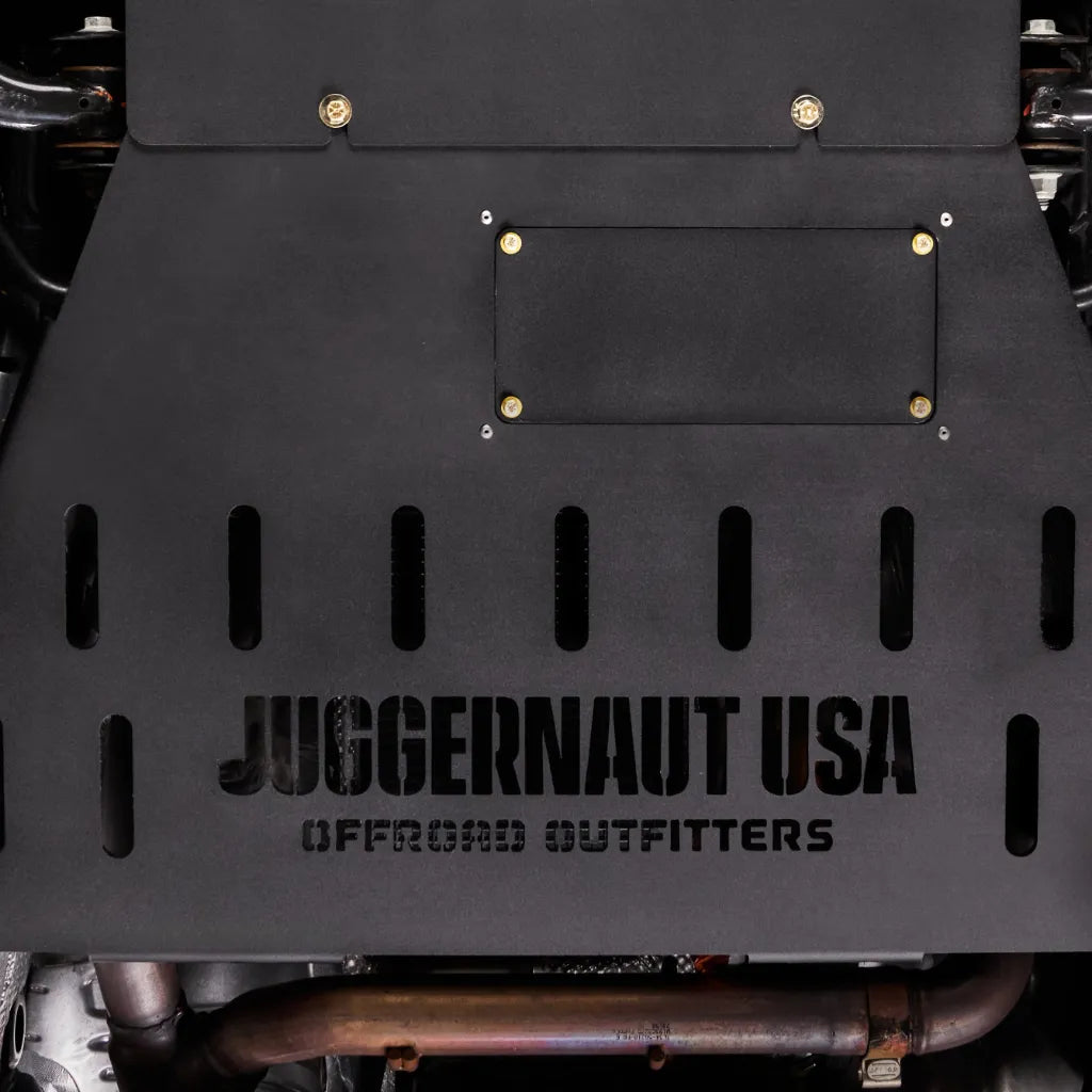 Juggernaut Ford Expedition skid plate package component showing the powder-coated aluminum plate and mounting points