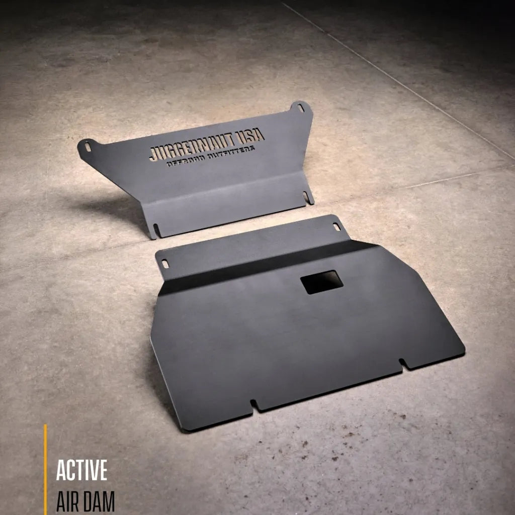 Standalone Active Air Dam version of the engine skid plate, front air dam skid plus main skid plate, shop floor product view