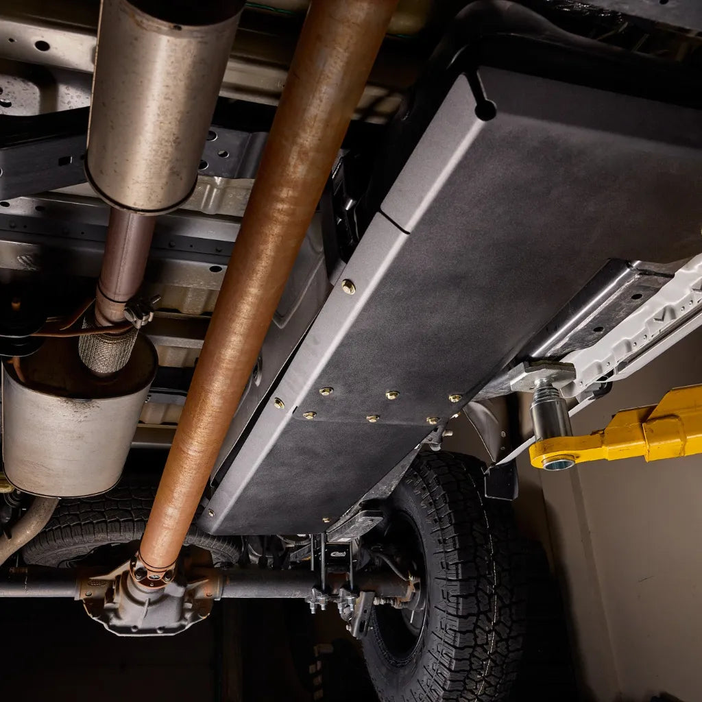 Juggernaut gas tank skid plate installed on a 2015-current Ford F-150, viewed from underneath the truck