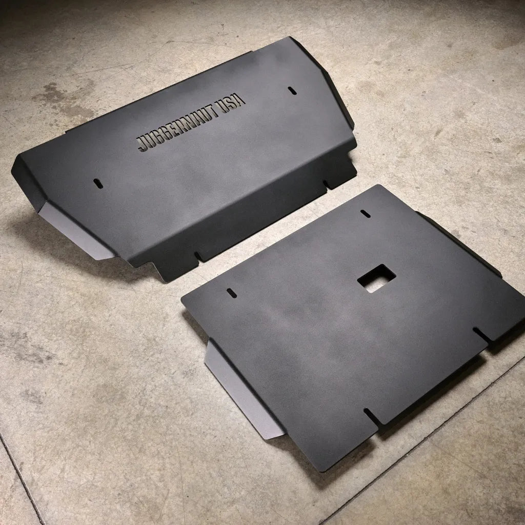 Juggernaut Ford F-150 Raptor engine skid plate, product angle shot showing the 1/4 inch aluminum plate and welded steel brackets