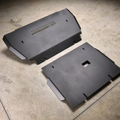 Juggernaut Ford F-150 Raptor engine skid plate, product angle shot showing the 1/4 inch aluminum plate and welded steel brackets