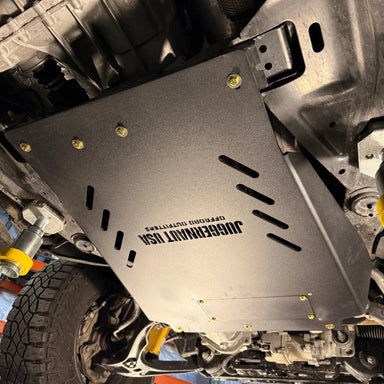 Juggernaut GMC Canyon transmission skid plate and cat shield, front product angle