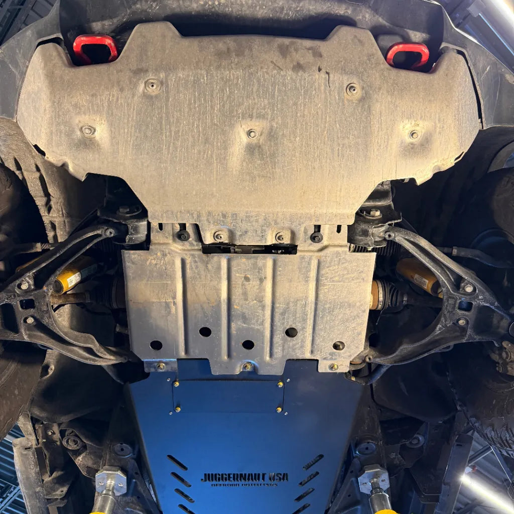 Juggernaut GMC Canyon transmission skid plate, underside mounting view
