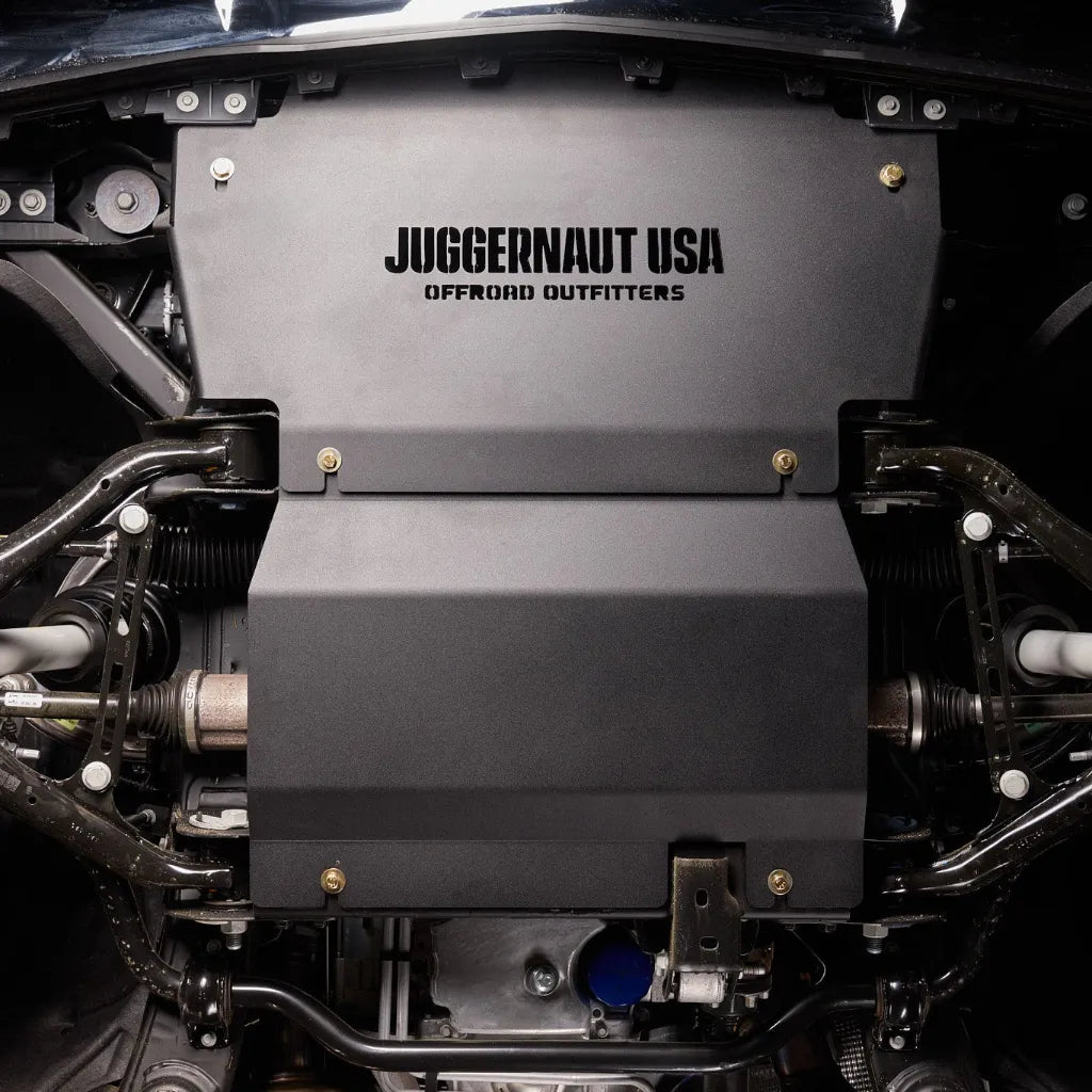 Juggernaut GMC Sierra 1500 engine skid plate, front product angle showing powder-coated black aluminum