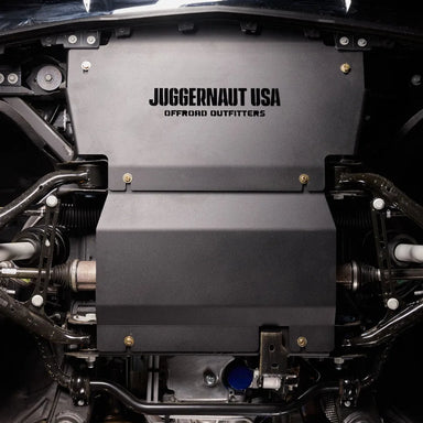 Juggernaut GMC Sierra 1500 engine skid plate, front product angle showing powder-coated black aluminum