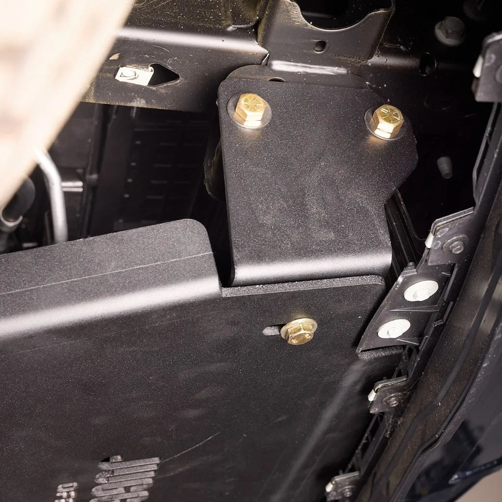 Juggernaut GMC Sierra 1500 engine skid plate installed underbody view
