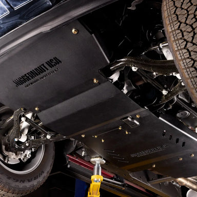 Juggernaut GMC Sierra 1500 skid plate package, underbody view showing full coverage
