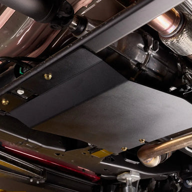 Juggernaut GMC Sierra 1500 transfer case skid plate, front product angle