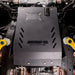 Juggernaut GMC Sierra 1500 transmission skid plate and cat shield, front product angle