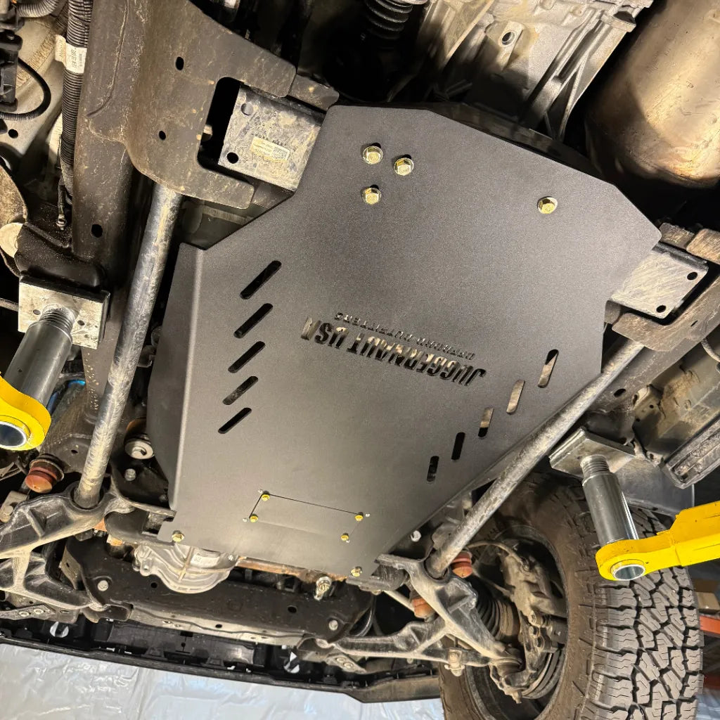 Juggernaut GMC Sierra 2500HD/3500HD transmission skid plate installed underbody view