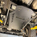 Juggernaut GMC Sierra 2500HD/3500HD transmission skid plate installed underbody view