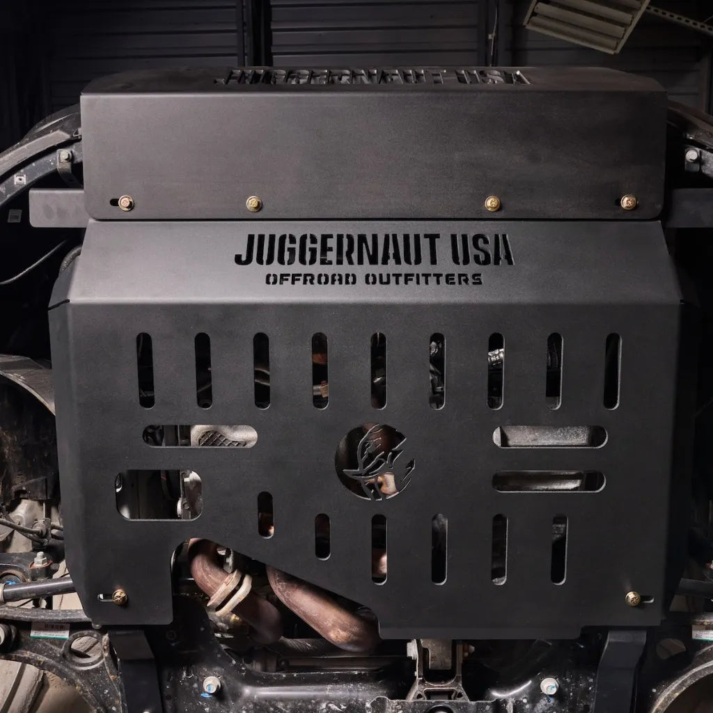 Juggernaut Ram ProMaster front skid plate, underside view on vehicle