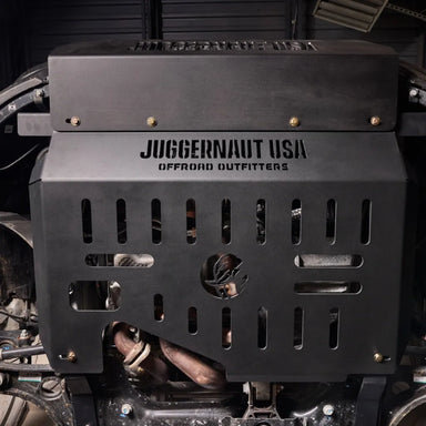 Juggernaut Ram ProMaster front skid plate, underside view on vehicle