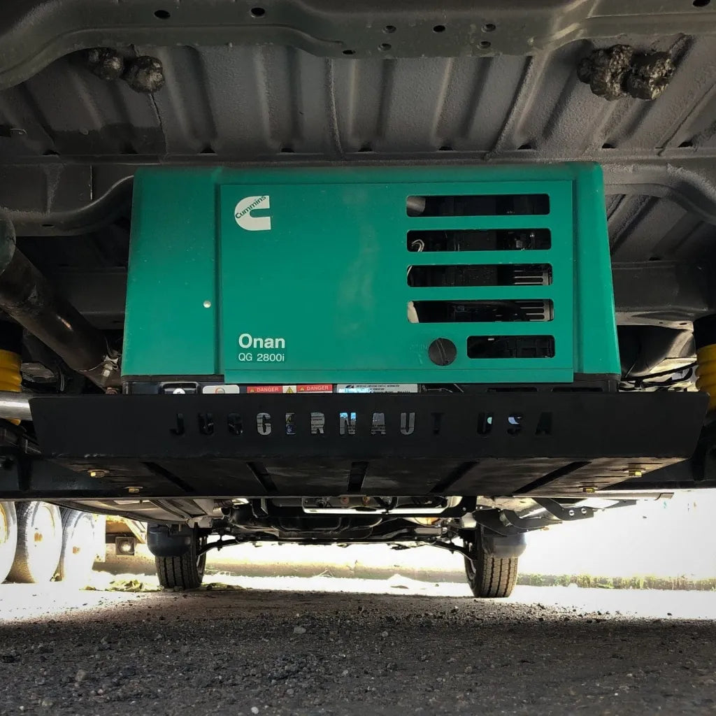 Juggernaut Ram ProMaster generator skid plate, mounting bracket close-up