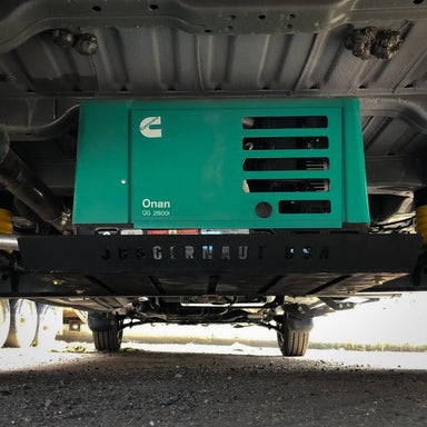 Juggernaut Ram ProMaster generator skid plate, mounting bracket close-up