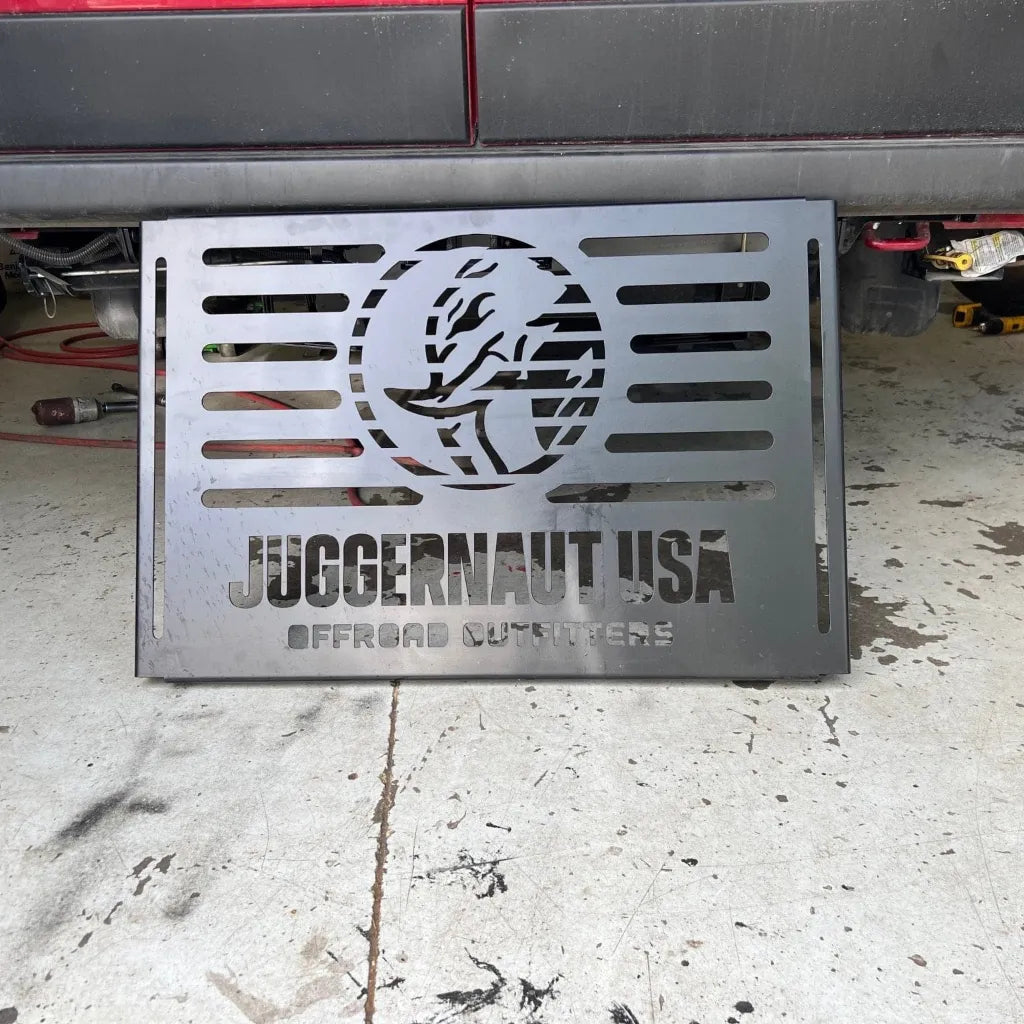 Juggernaut Pure3 lithium battery pack skid plate installed under RV
