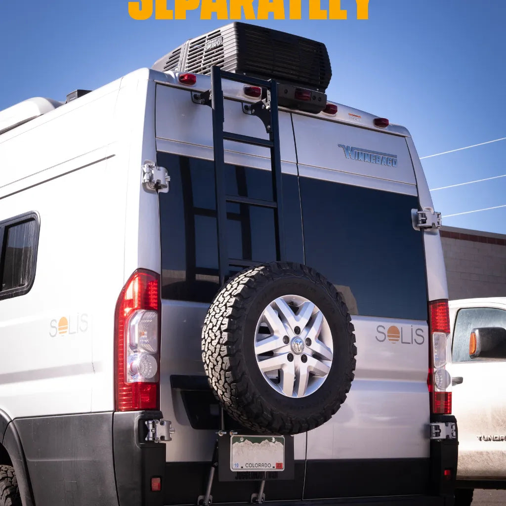Juggernaut Ram ProMaster rear spare tire rack diagram on Prime Design ladder