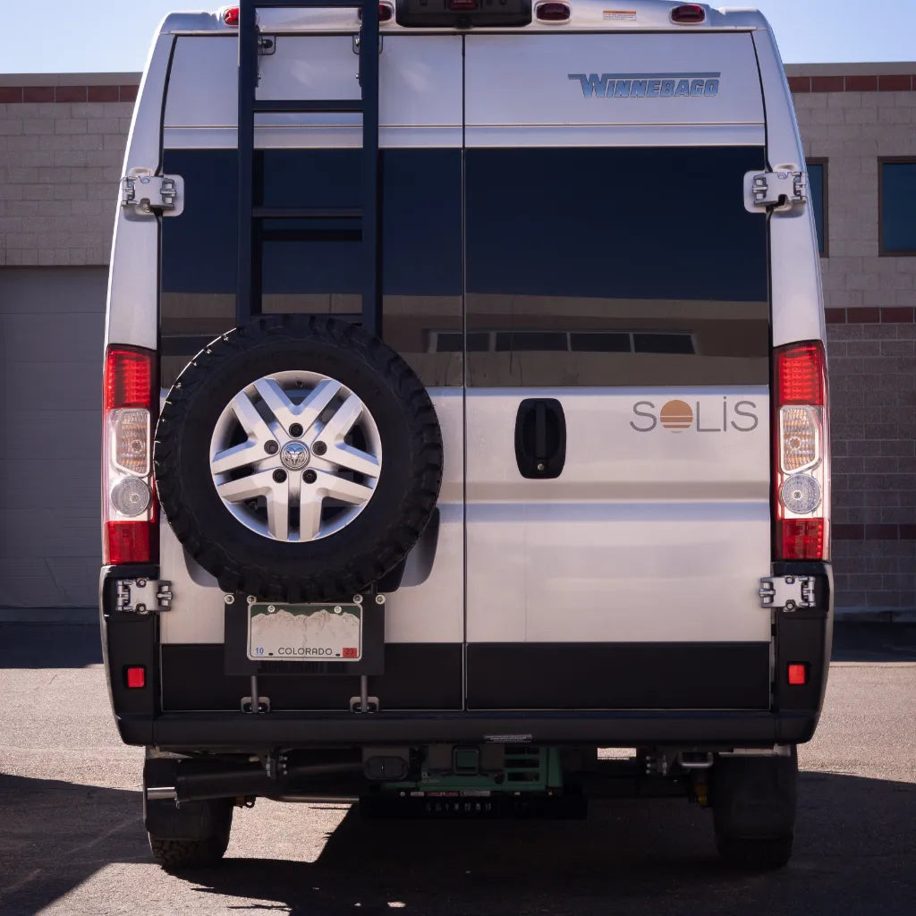 Juggernaut Ram ProMaster rear spare tire rack, tire mount height position 3