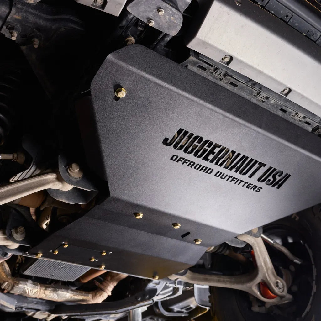Juggernaut engine skid plate installed underneath a Ford Ranger covering the engine and intercooler