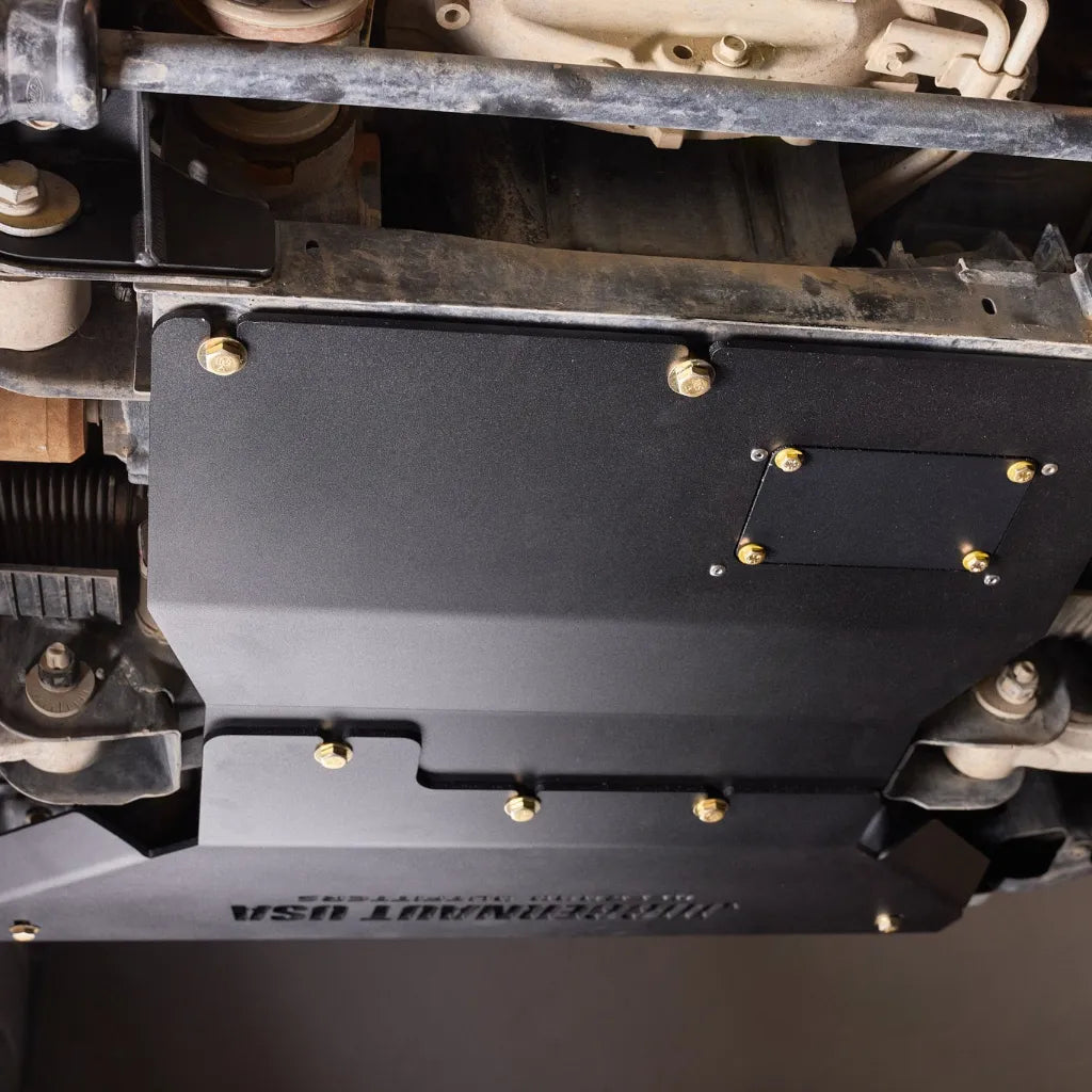 Ford Ranger Raptor on a lift showing the Juggernaut engine skid plate mounting brackets