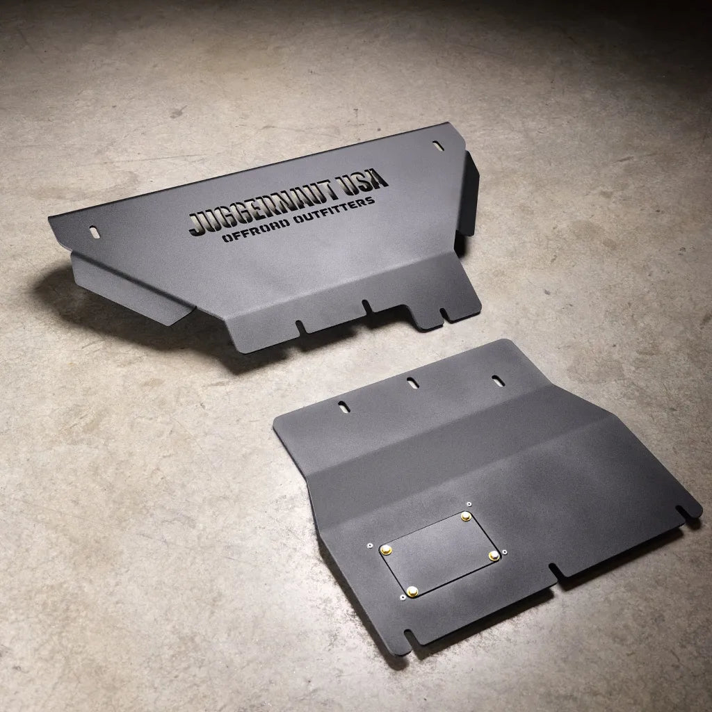 Juggernaut Ford Ranger engine skid plate, product angle shot showing the aluminum plate and oil access panel