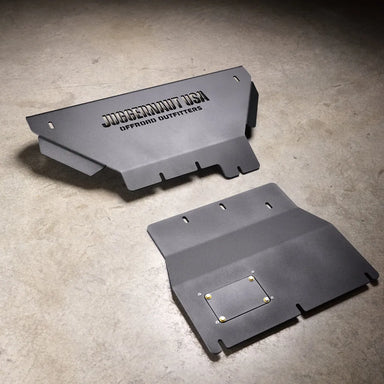 Juggernaut Ford Ranger engine skid plate, product angle shot showing the aluminum plate and oil access panel