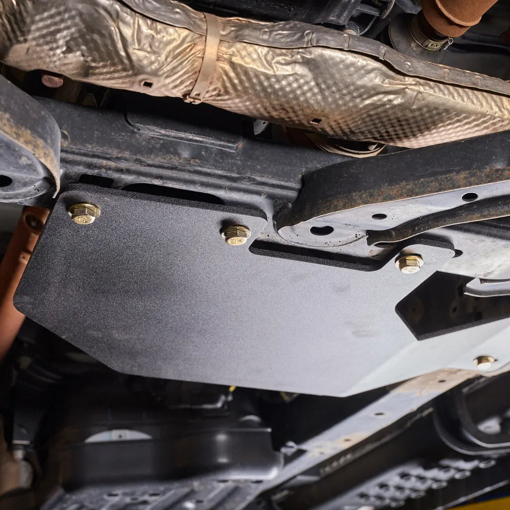 Juggernaut transfer case skid plate powder-coated black finish detail shot