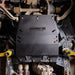Juggernaut transmission and cat shield skid plate installed underneath a Ford Ranger