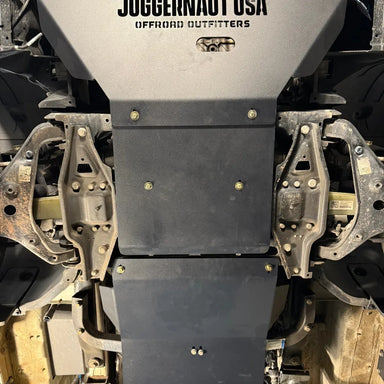 Juggernaut Mercedes Sprinter AWD full skid plate package, engine and transfer case plates shown together