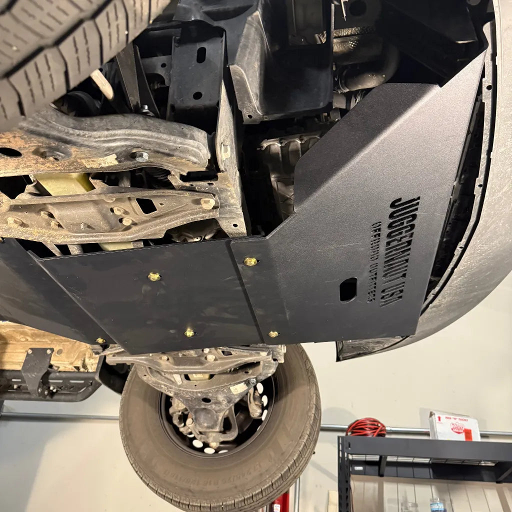 Juggernaut Mercedes Sprinter AWD skid plate package, close-up of engine skid plate