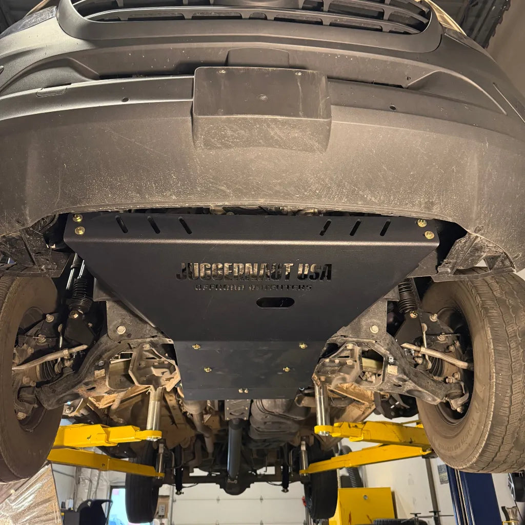 Juggernaut Mercedes Sprinter AWD skid plate package, oil change access cutout detail