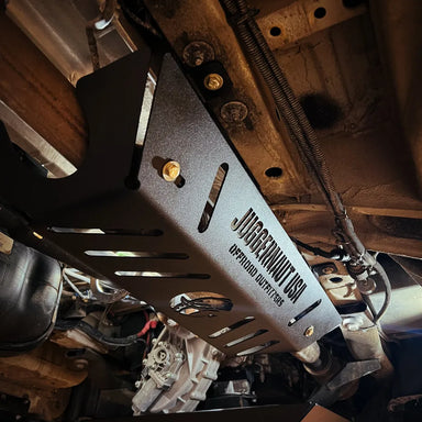 Juggernaut Mercedes Sprinter catalytic converter guard, front angle showing powder-coated black aluminum shield