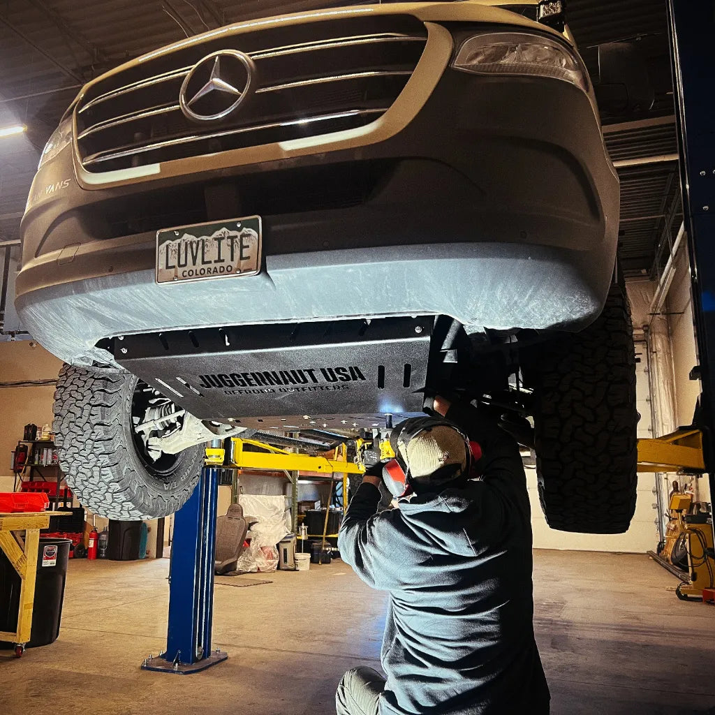 Juggernaut Mercedes Sprinter 4x4 engine and transmission skid plate shown from a second angle