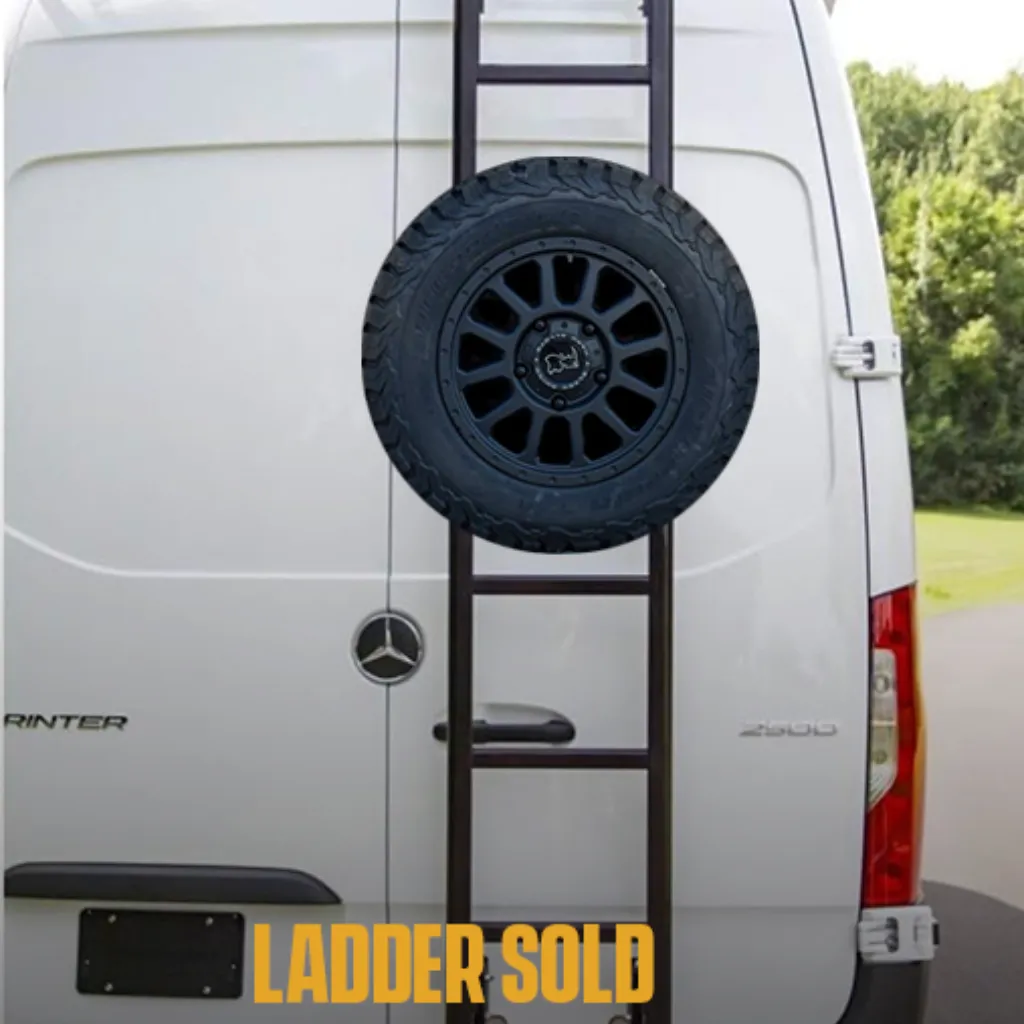 Juggernaut Mercedes Sprinter rear spare tire rack mounted on a Prime Design ladder