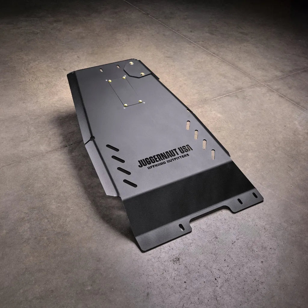 Juggernaut Super Duty Engine & Transmission Skid Plate, black powder-coated aluminum, product angle view