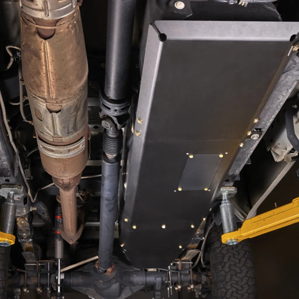 Close-up detail of Juggernaut Super Duty Fuel Tank Skid Plate mounting hardware