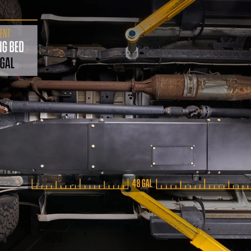 Diagram of Juggernaut Super Duty Fuel Tank Skid Plate fitment for the 48-gallon long bed tank