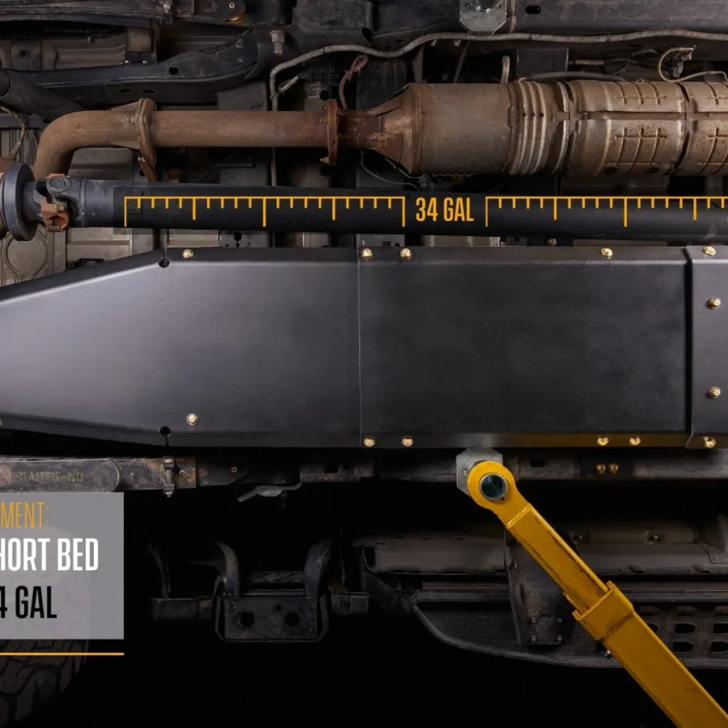 Diagram of Juggernaut Super Duty Fuel Tank Skid Plate fitment for the 34-gallon short bed tank