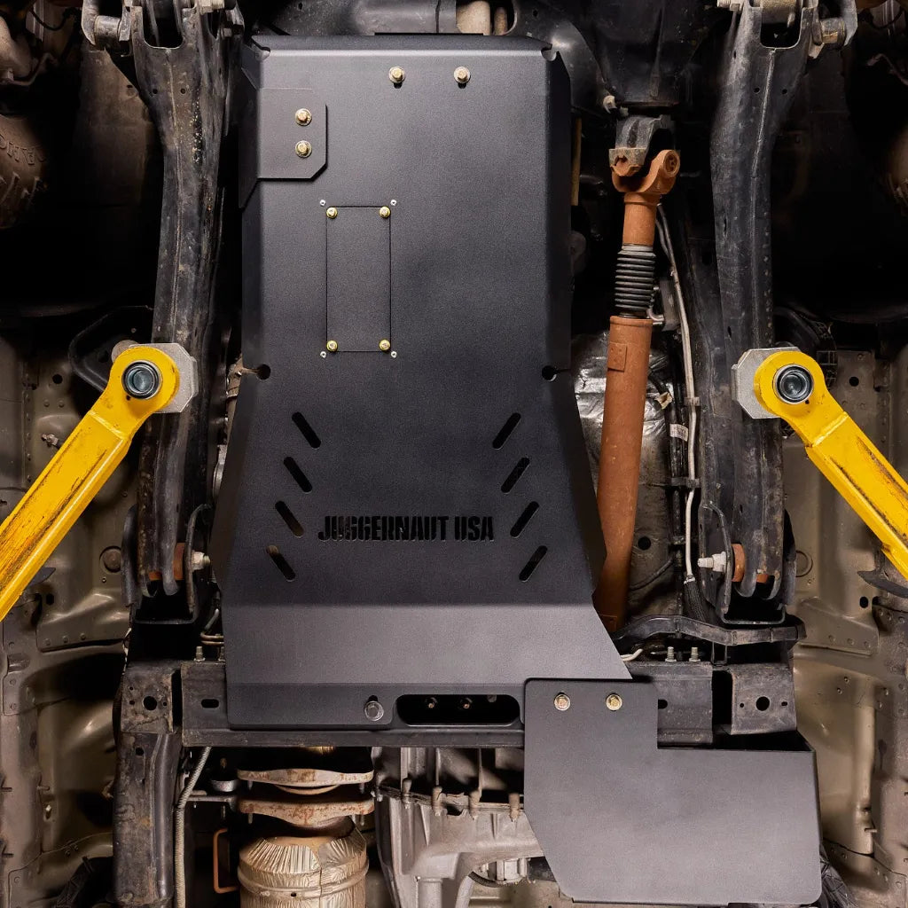 Juggernaut Super Duty Skid Plate Package installed underbody view on Ford Super Duty