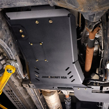 Juggernaut Super Duty Skid Plate Package installed, front angle view