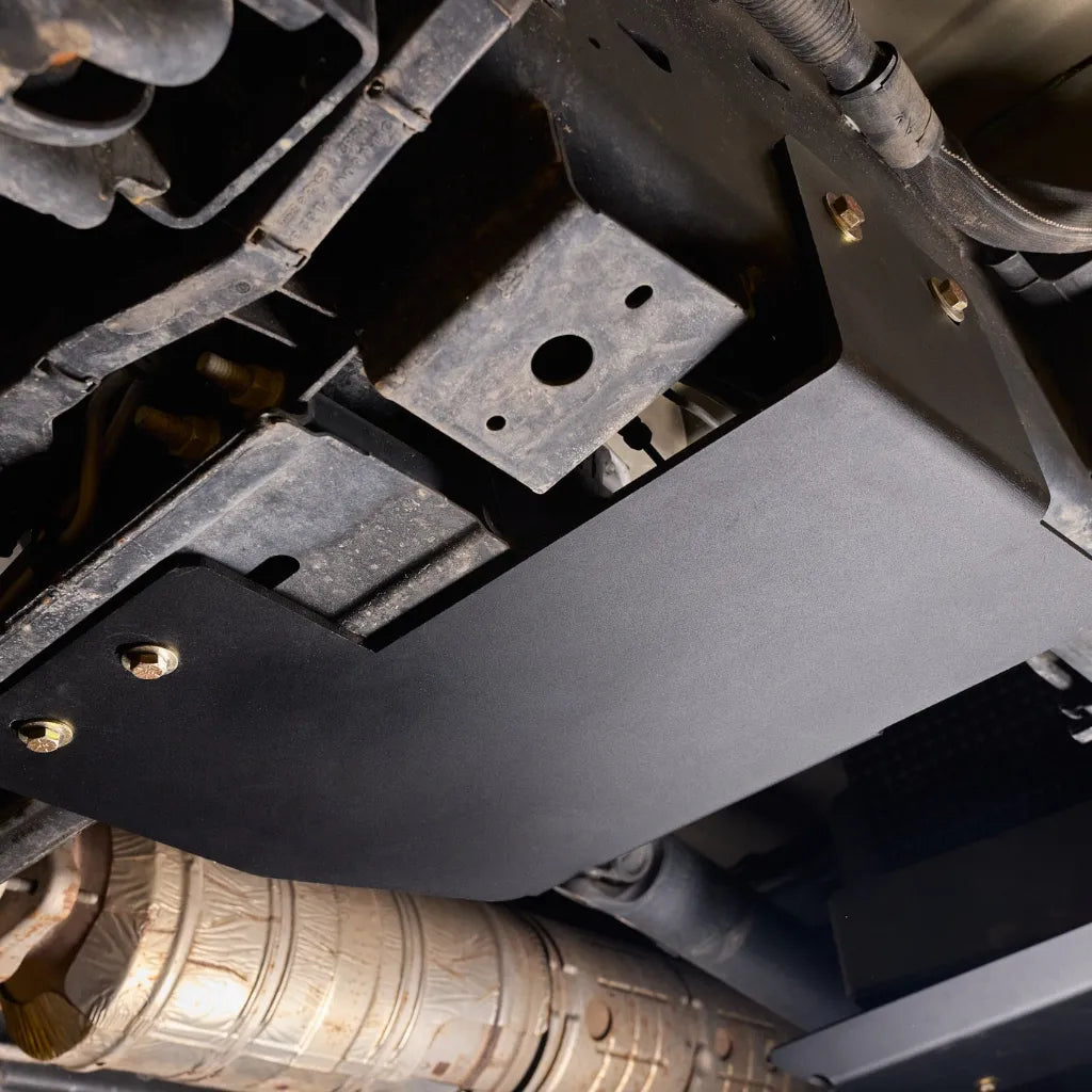 Juggernaut Super Duty Transfer Case Skid Plate installed underbody view, angle two